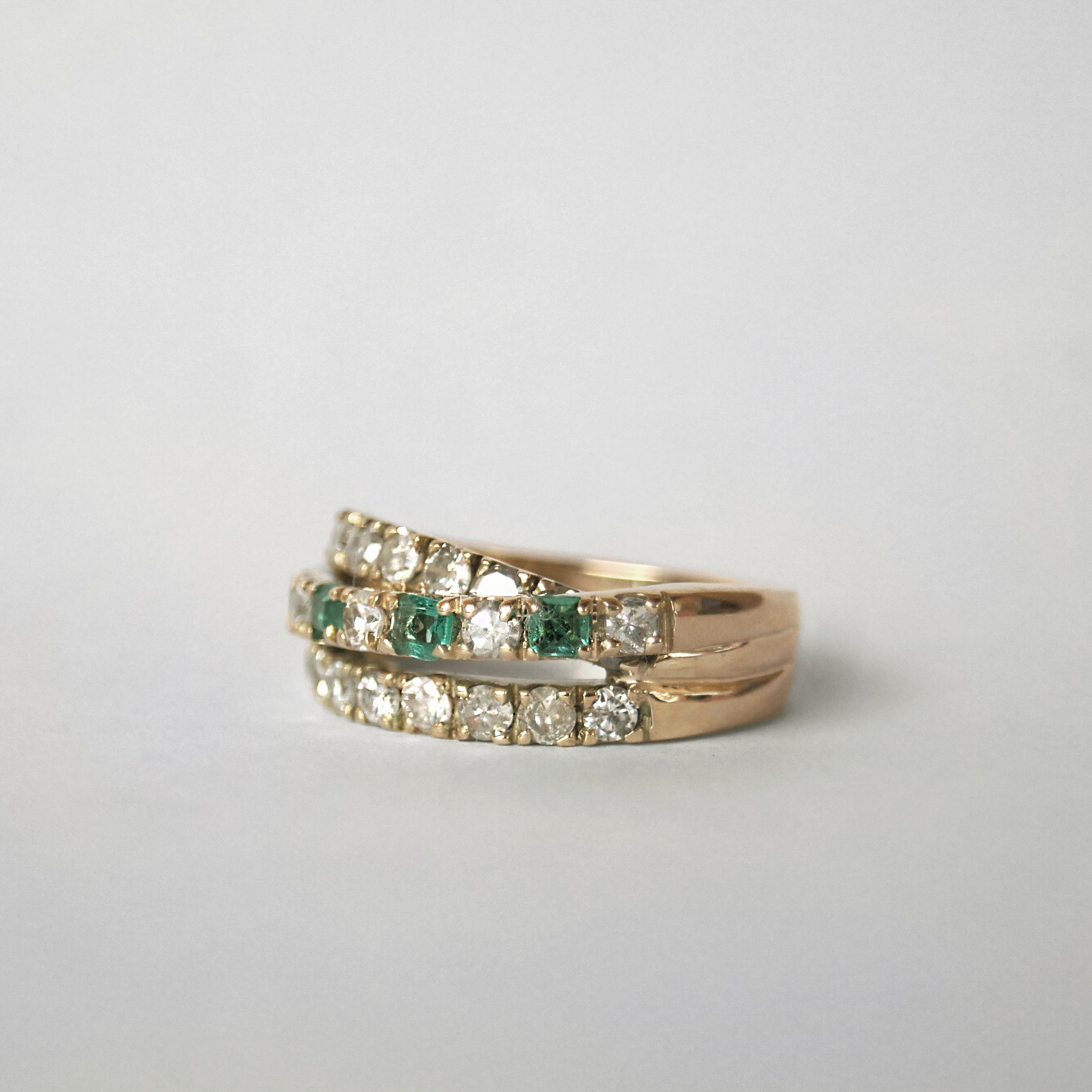 Triple Band Ring with Emeralds and Diamonds