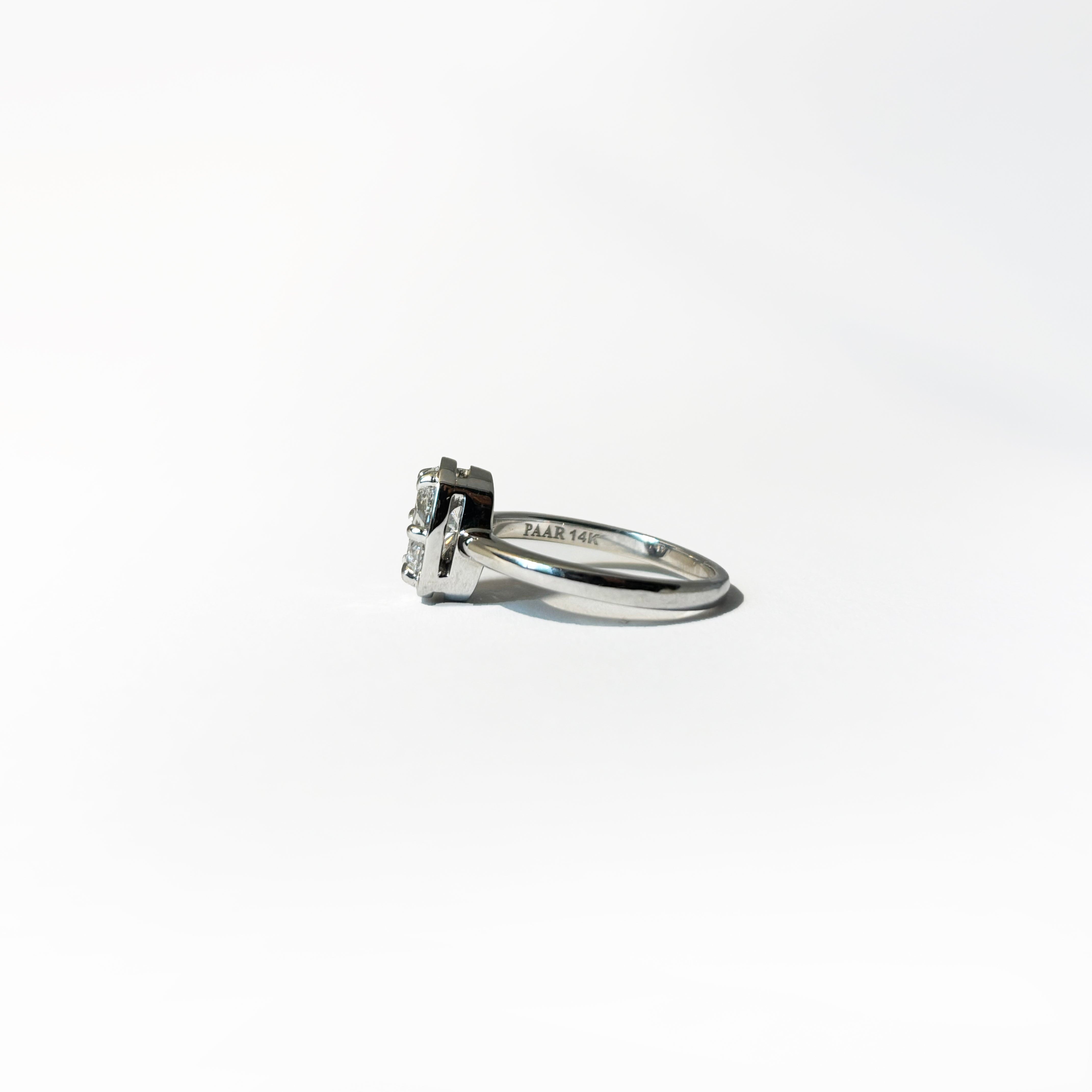 14k white gold oval lab-grown diamond ring with six-prong half-bezel