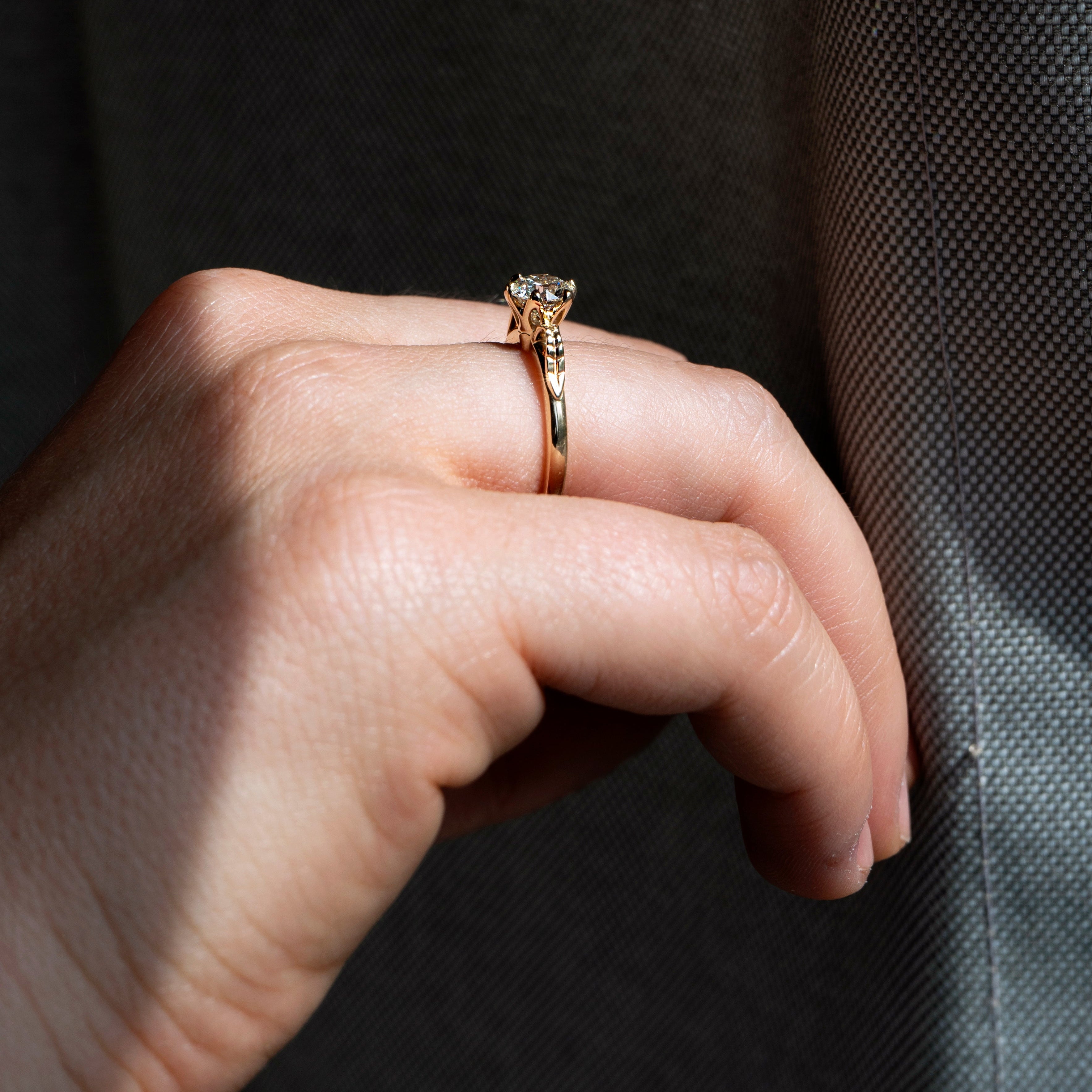 Floral six-prong round diamond ring in 14k yellow gold