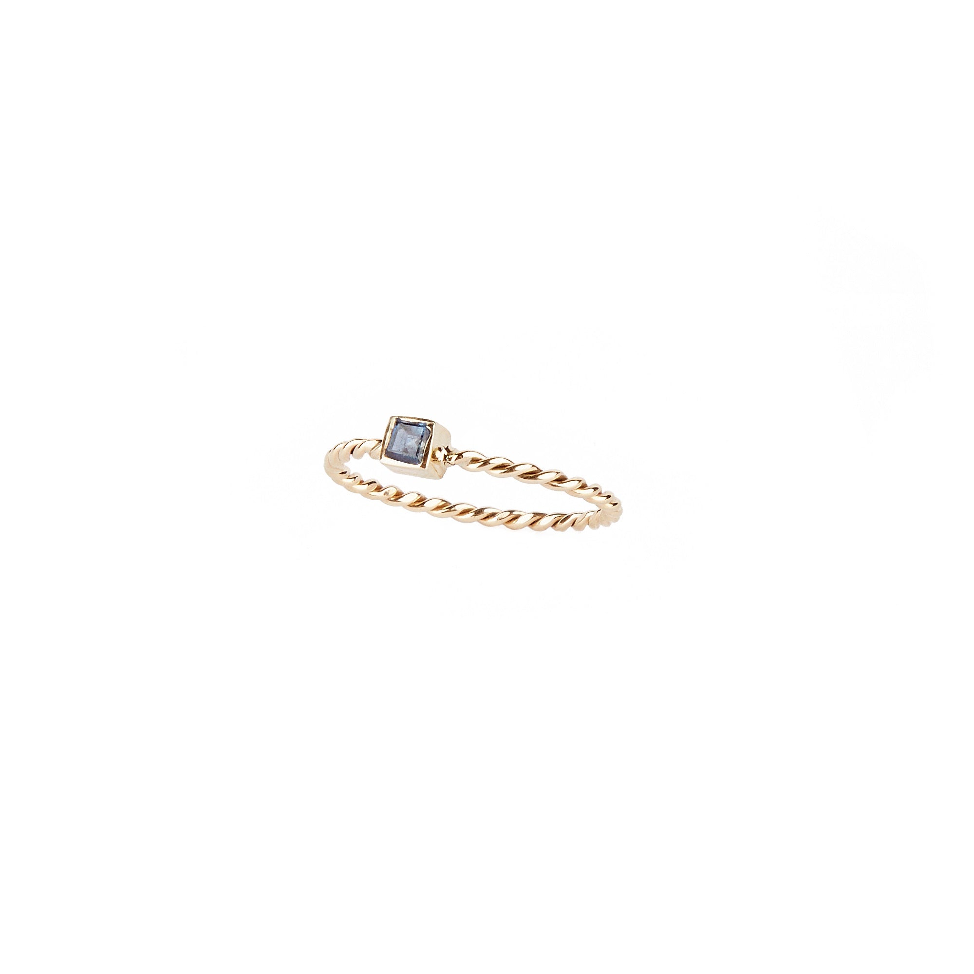 14k Yellow Gold Square Blue Sapphire Ring Twisted Band