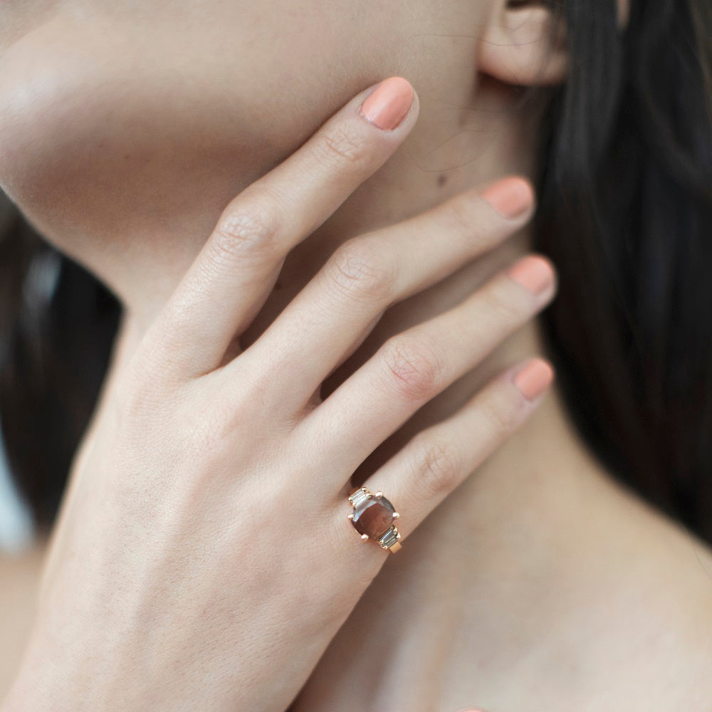 Cushion-cut mauve tourmaline and baguette engagement ring