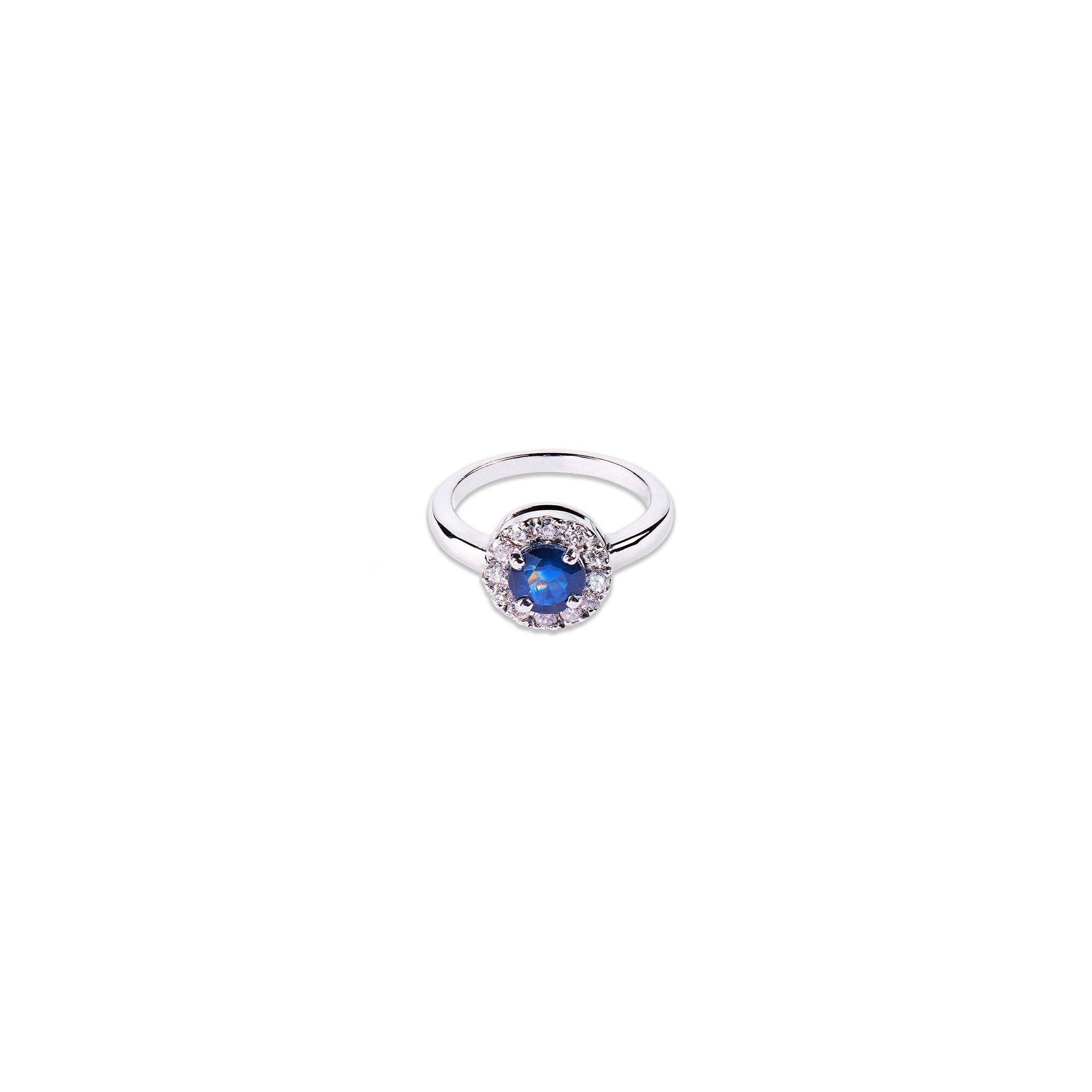 Round sapphire and diamond halo engagement ring