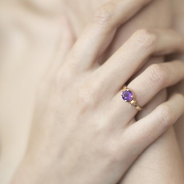 Round amethyst and baguette-cut citrines engagement ring