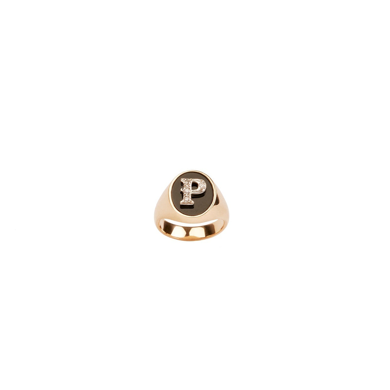 Yellow gold, onyx and diamond letter signet ring
